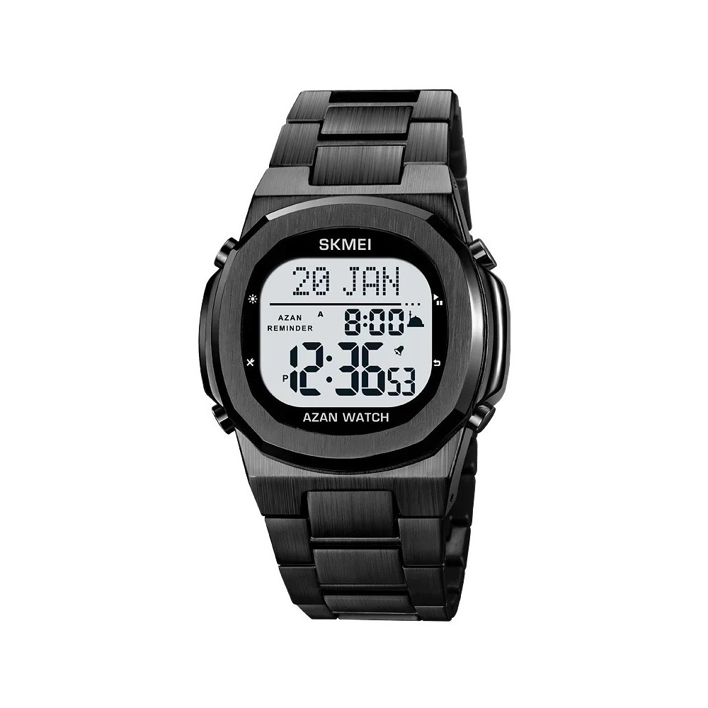 Montre-Bracelet luxe  en acier inoxydable électronique pour la prière avec Qibla Compass Adhan Alarme Hijri Islamique