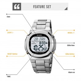Montre-Bracelet luxe  en acier inoxydable électronique pour la prière avec Qibla Compass Adhan Alarme Hijri Islamique