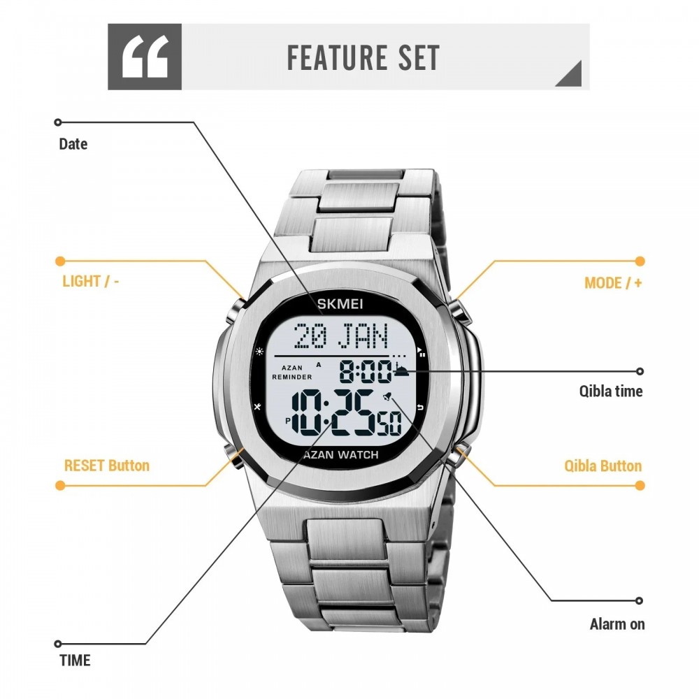 Montre-Bracelet luxe  en acier inoxydable électronique pour la prière avec Qibla Compass Adhan Alarme Hijri Islamique