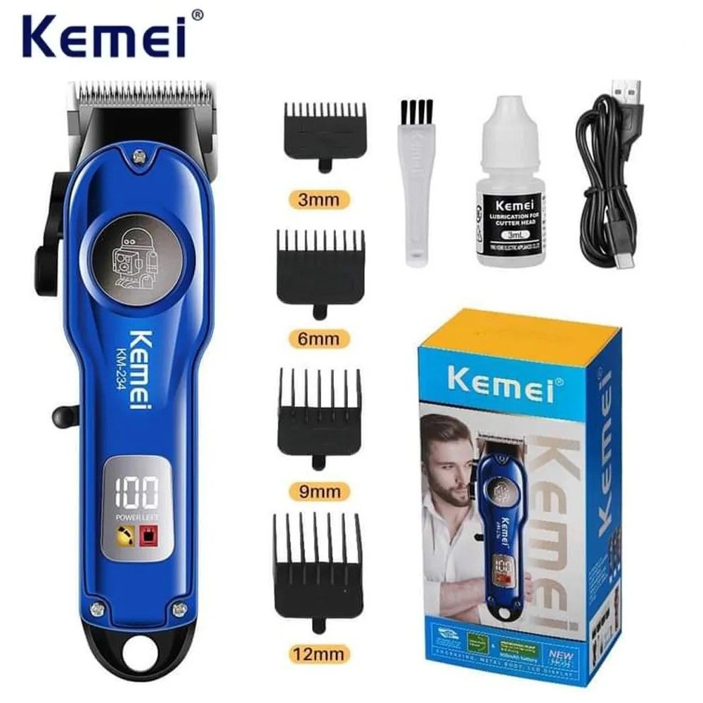 Tondeuse à cheveux professionnelle  sans fil rechargeable à affichage LED Kemei KM-234- Bleu